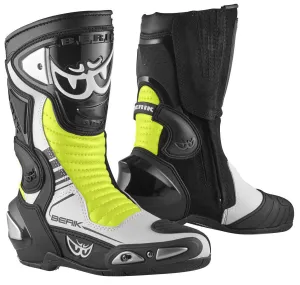 Berik Race-X EVO Motorcycle Boots with Mesh Lining, Black/White/Yellow