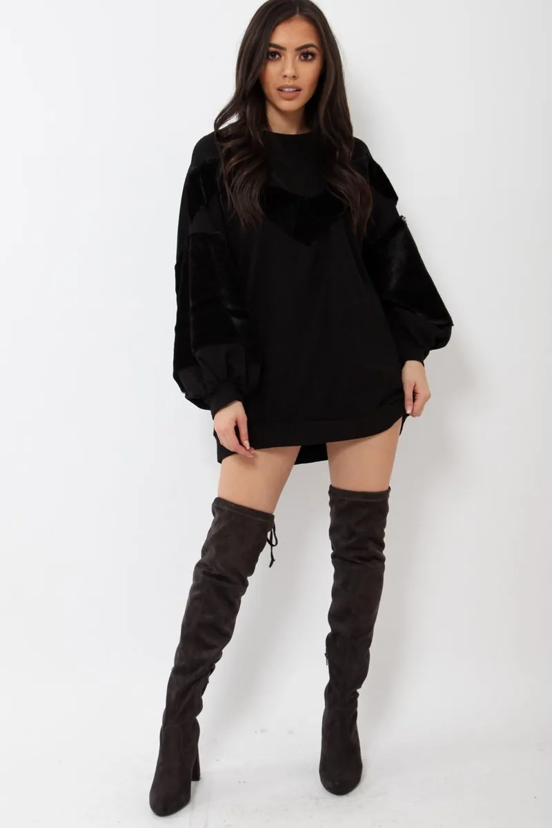 Black Chevron Fur Jumper Dress - Esme