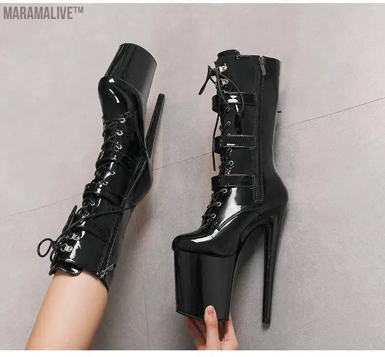 Black Fashionable Women's Ankle Boots with Round Toe Side Zip Short Boots for Pole Dance Platform Heels Three Belt Buckle