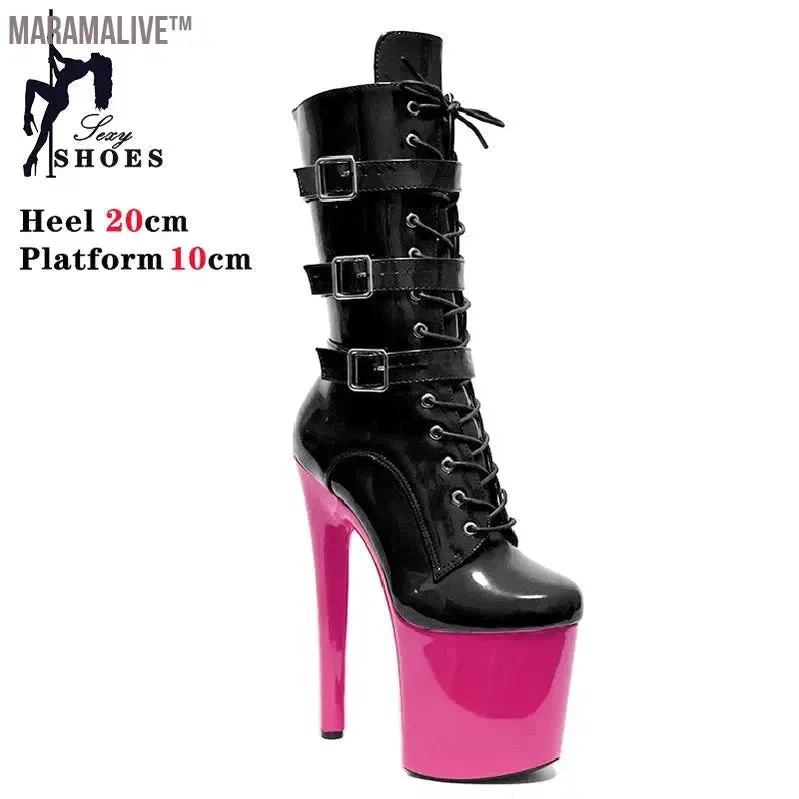 Black Fashionable Women's Ankle Boots with Round Toe Side Zip Short Boots for Pole Dance Platform Heels Three Belt Buckle