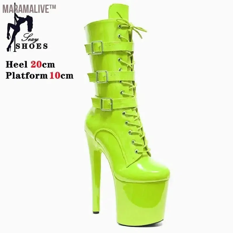 Black Fashionable Women's Ankle Boots with Round Toe Side Zip Short Boots for Pole Dance Platform Heels Three Belt Buckle