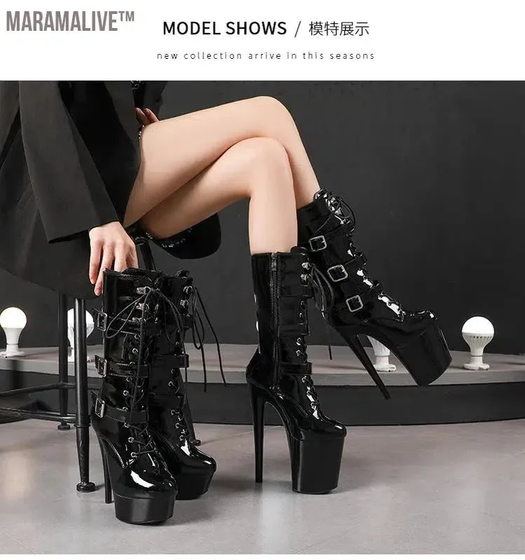 Black Fashionable Women's Ankle Boots with Round Toe Side Zip Short Boots for Pole Dance Platform Heels Three Belt Buckle