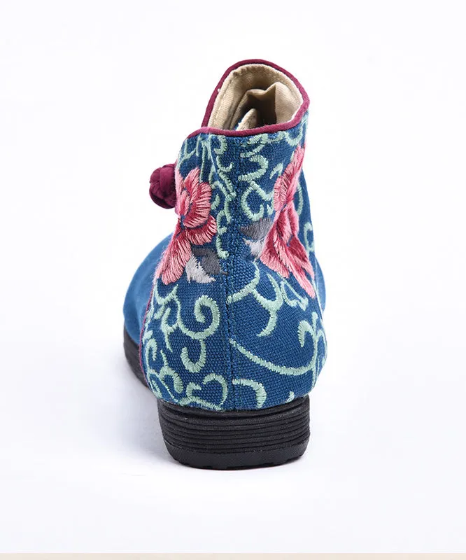 Boutique Buckle Strap Embroideried Comfy Ankle Boots Blue Cotton Fabric