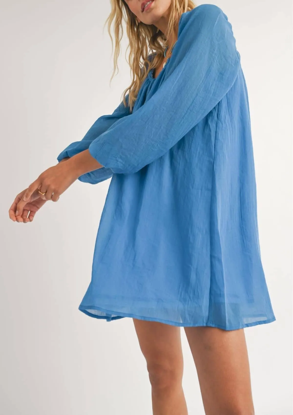 Coastal Long Sleeve Flowy Mini Dress - Blue