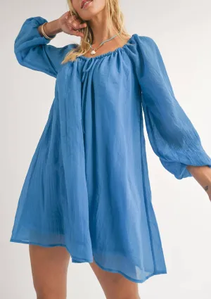 Coastal Long Sleeve Flowy Mini Dress - Blue