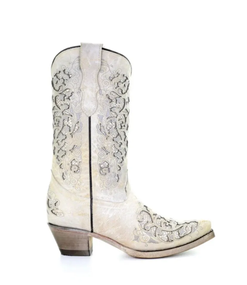 Corral Kid's Bone Glitter Inlay & Embroidery Snip Toe Boots