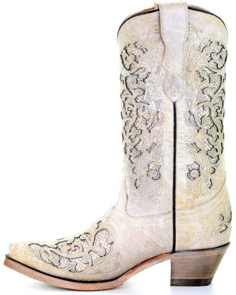 Corral Kid's Bone Glitter Inlay & Embroidery Snip Toe Boots