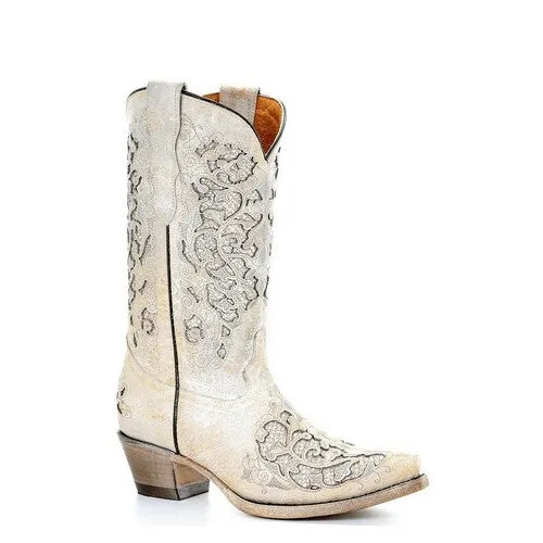 Corral Kid's Bone Glitter Inlay & Embroidery Snip Toe Boots