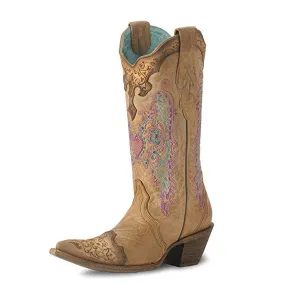 Corral Women's Lace and Heart Embroidery Cowgirl Boot Pointed Toe - C1608