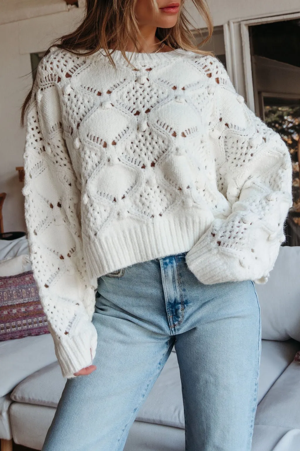 Cream Crochet Ribbed Pullover Sweater