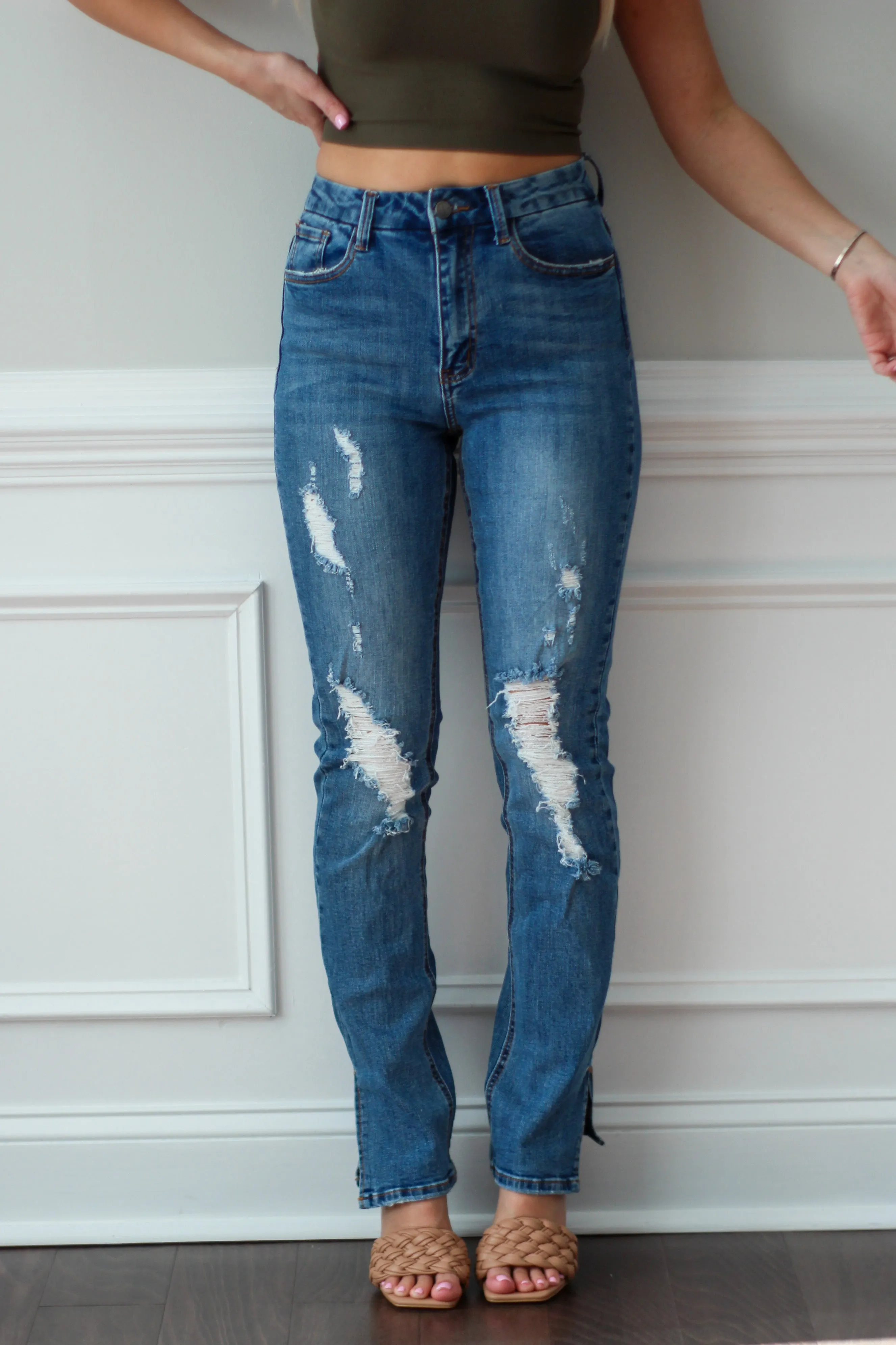 Distressed Slit Ankle Denim