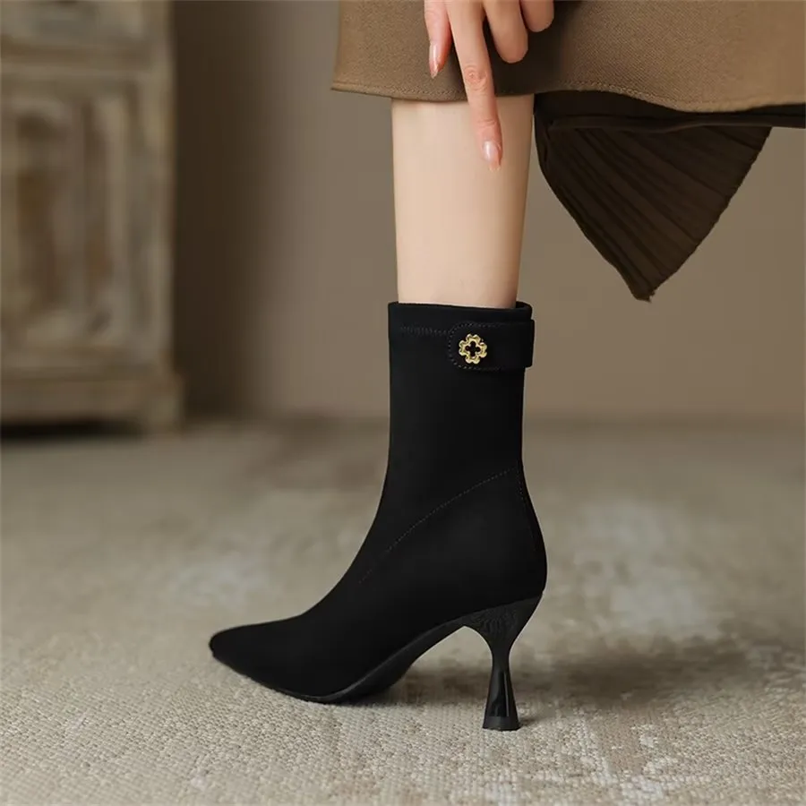 Elegant Cow Leather Pointed Toe Side Zipper Boots