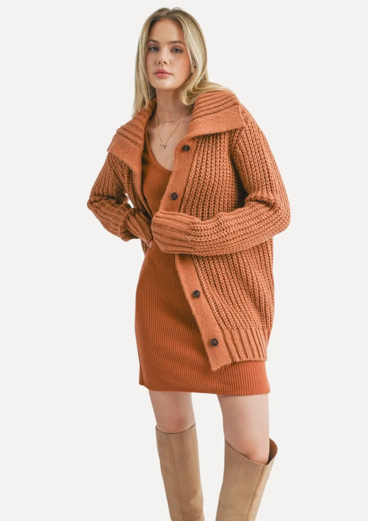 Elianna Wide Collar Cardigan - Rust