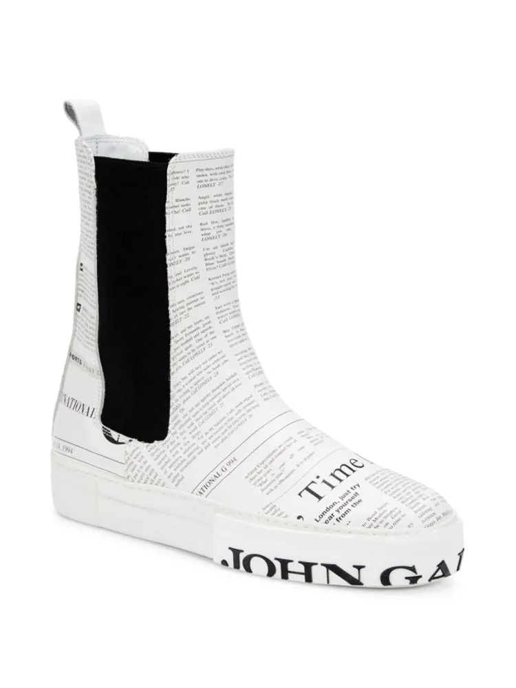 John Galliano Gazette Print Leather Chelsea Boots, White