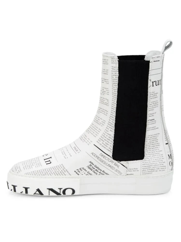 John Galliano Gazette Print Leather Chelsea Boots, White