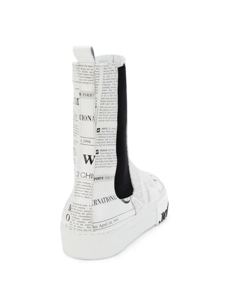 John Galliano Gazette Print Leather Chelsea Boots, White