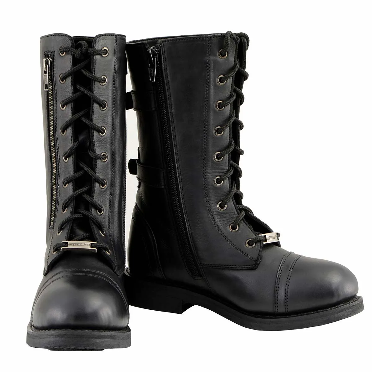 Milwaukee Leather Women's Graze Black Leather Lace-Up Motorcycle Boots with Zipper Pocket MBL9369