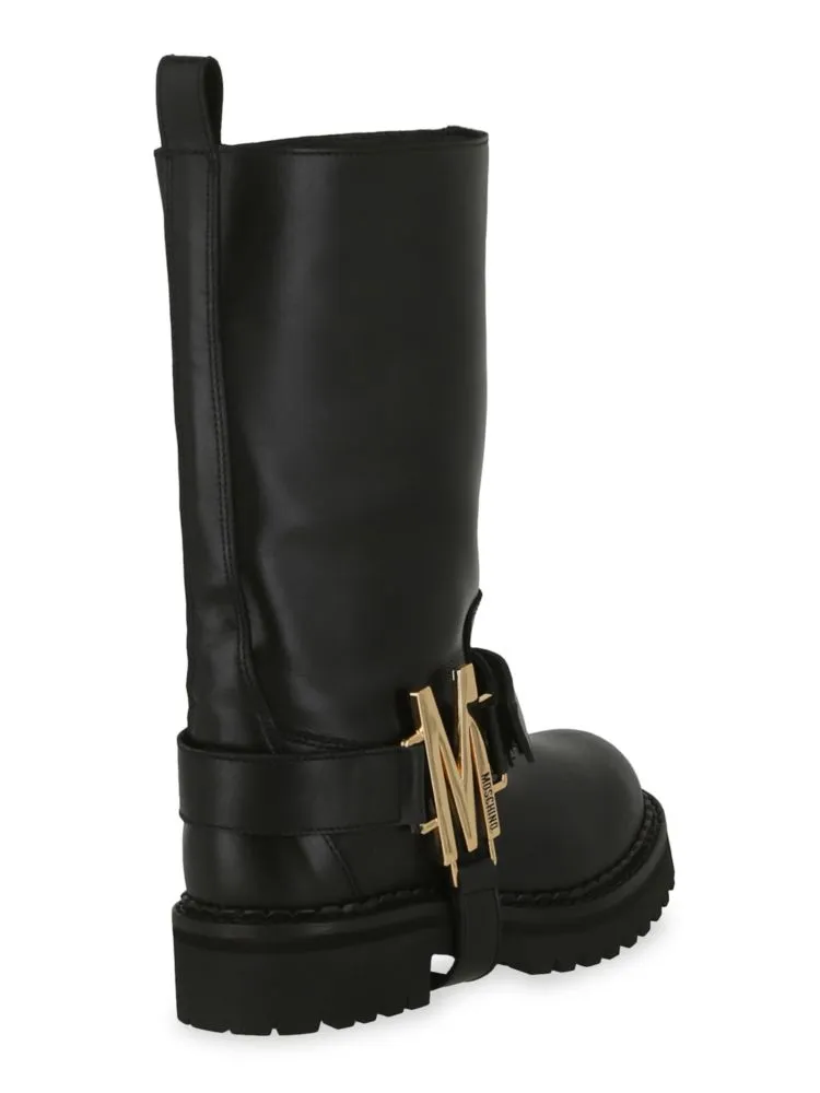 Moschino Leather Lug Sole Biker Boots, Black