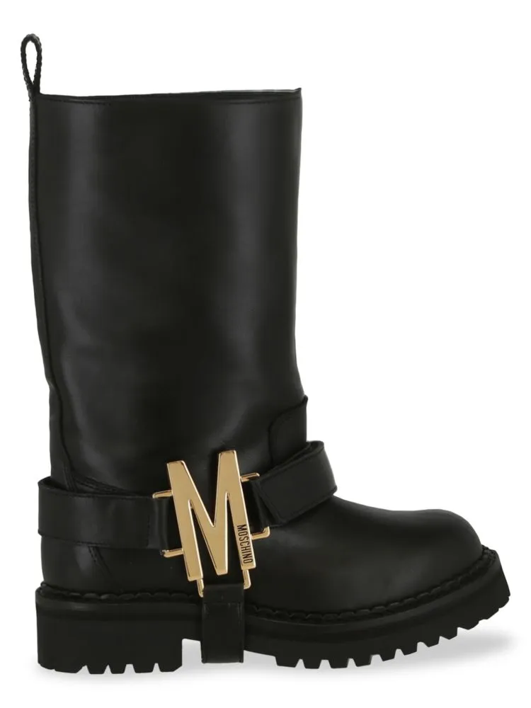 Moschino Leather Lug Sole Biker Boots, Black