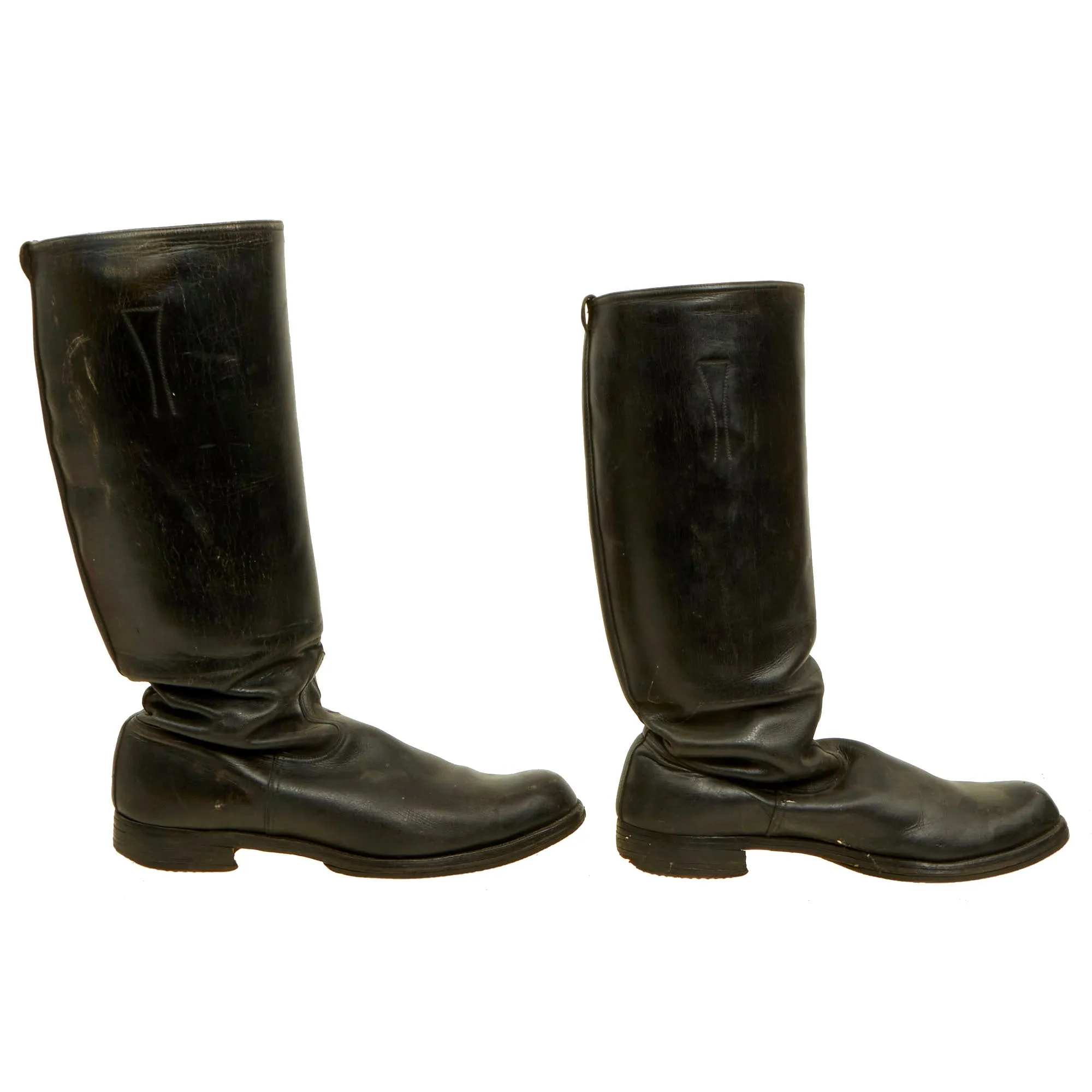 Original German WWII Officer's Tall Black Leather Jackboot Riding Boots with Hooks & Replaced Rubber Front Soles - Size 10