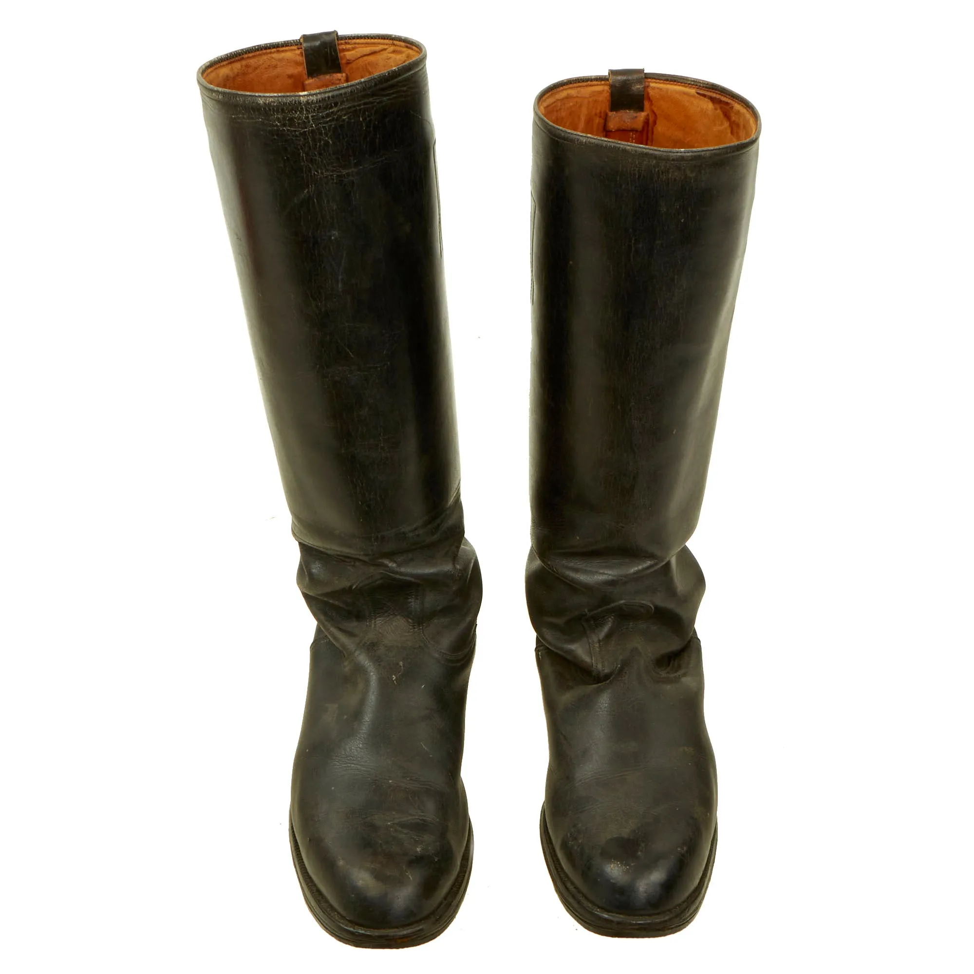 Original German WWII Officer's Tall Black Leather Jackboot Riding Boots with Hooks & Replaced Rubber Front Soles - Size 10