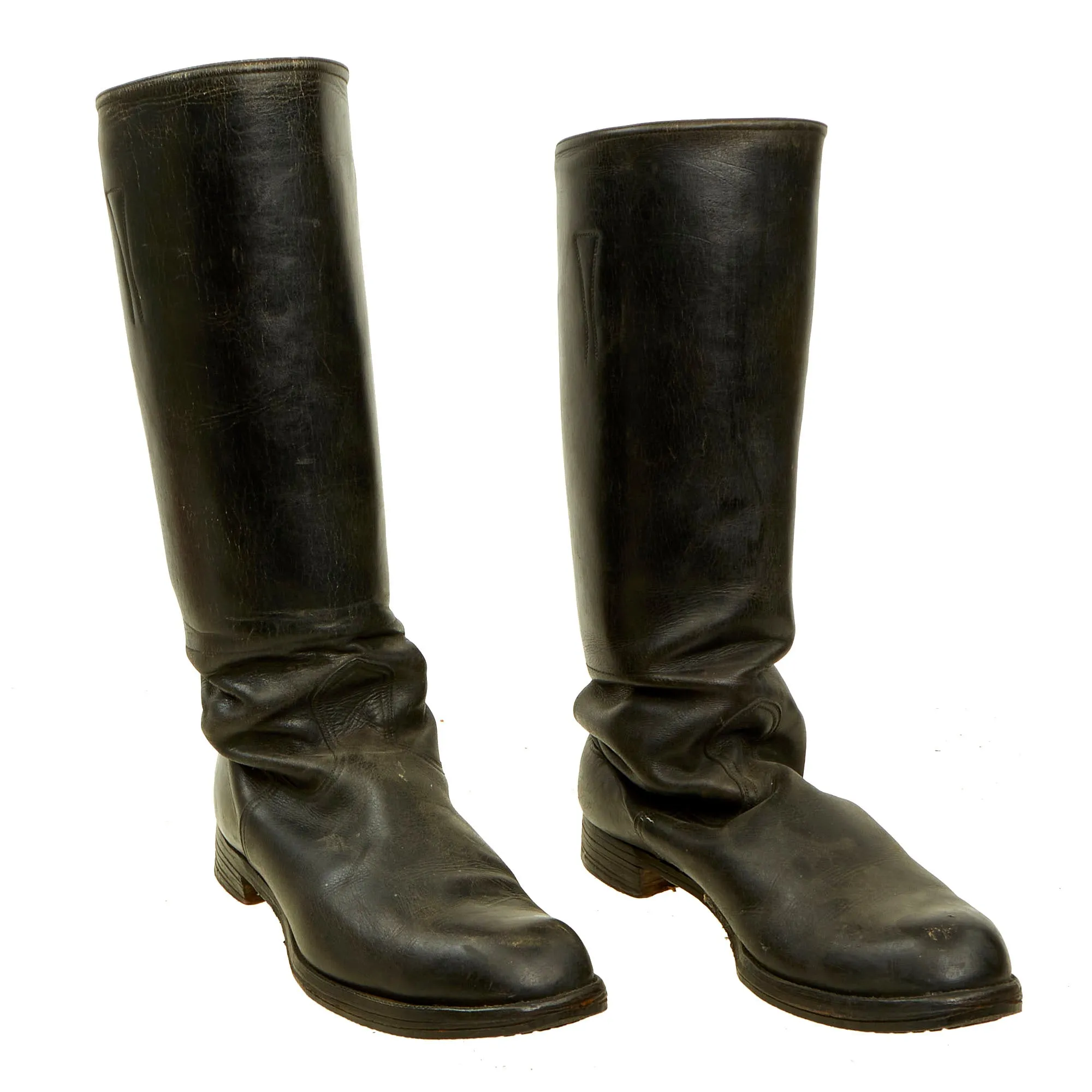 Original German WWII Officer's Tall Black Leather Jackboot Riding Boots with Hooks & Replaced Rubber Front Soles - Size 10