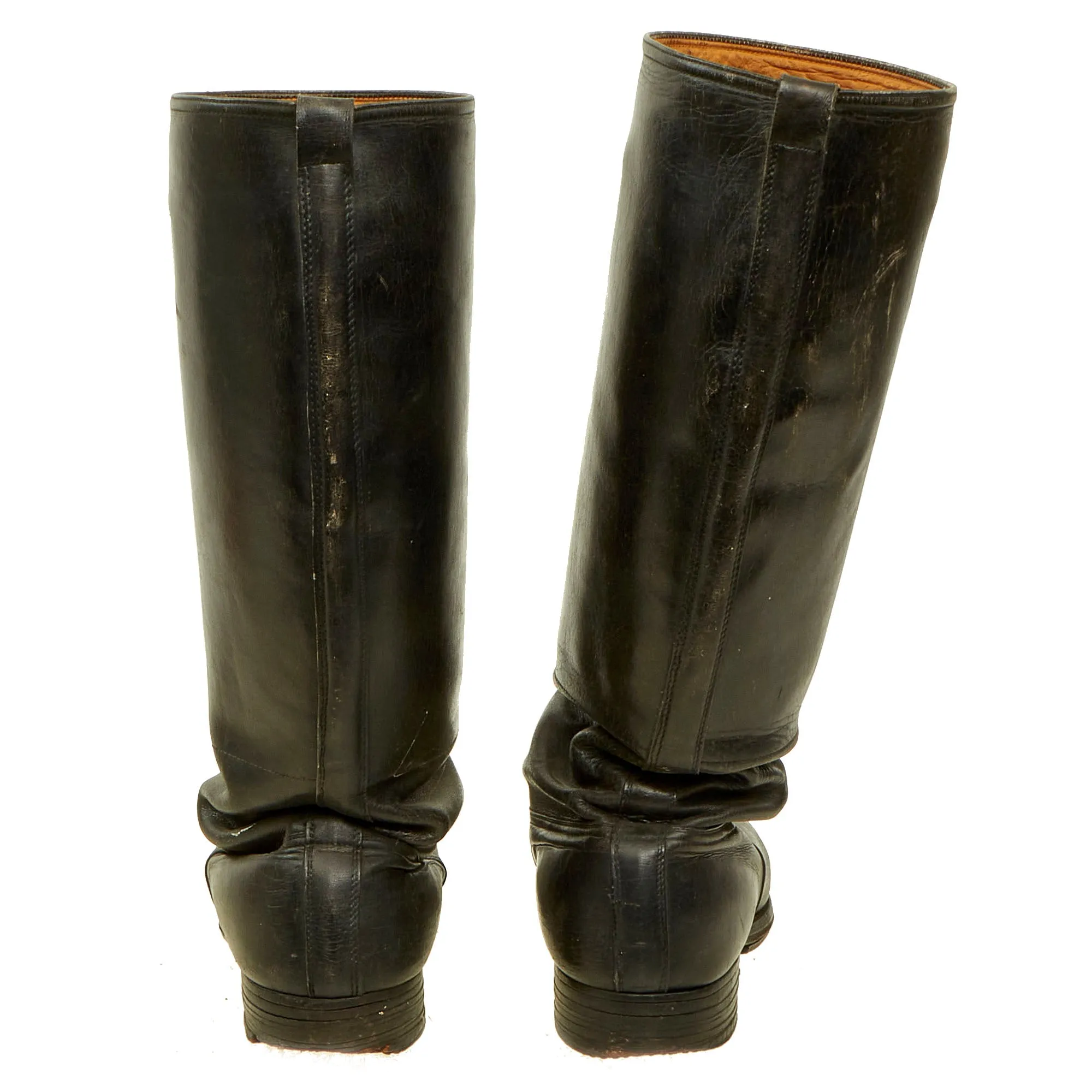 Original German WWII Officer's Tall Black Leather Jackboot Riding Boots with Hooks & Replaced Rubber Front Soles - Size 10