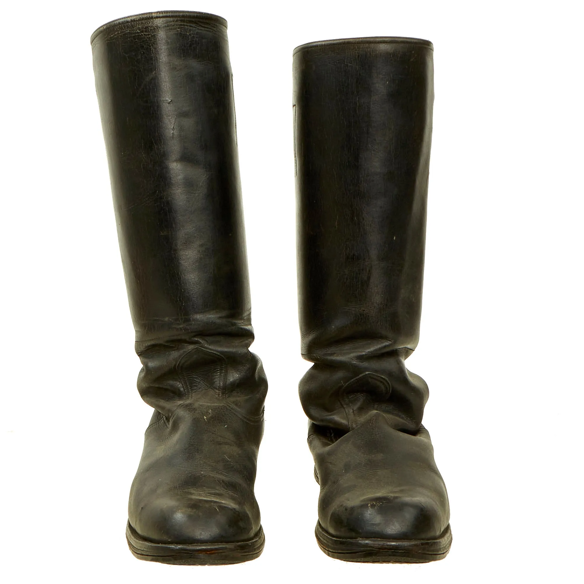 Original German WWII Officer's Tall Black Leather Jackboot Riding Boots with Hooks & Replaced Rubber Front Soles - Size 10