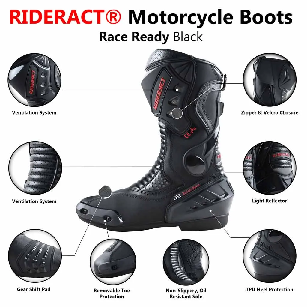 RIDERACT® Mens Road Motorcycle Boots Race Ready Black