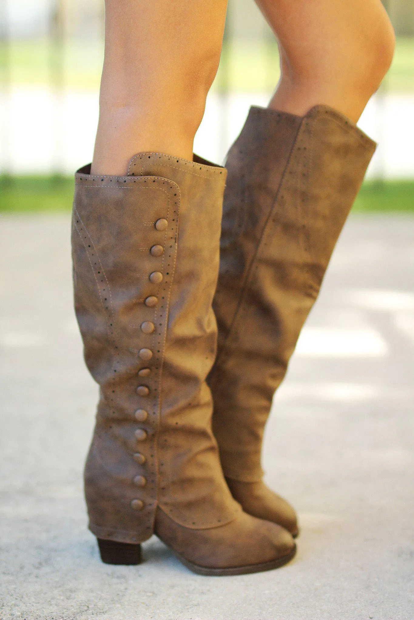 Taupe Button Detail Tall Boots