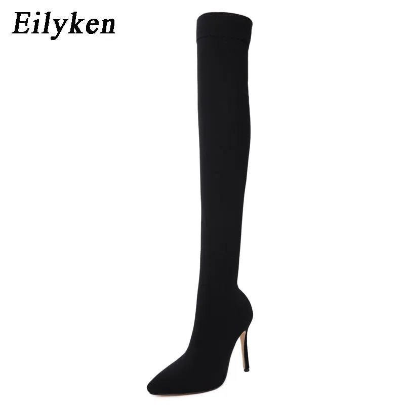 Wenkouban 2022 Fashion Stretch Fabric Sock Boots Pointy Toe Over-the-Knee Heel Thigh High Pointed Toe Woman Boot size 35-42