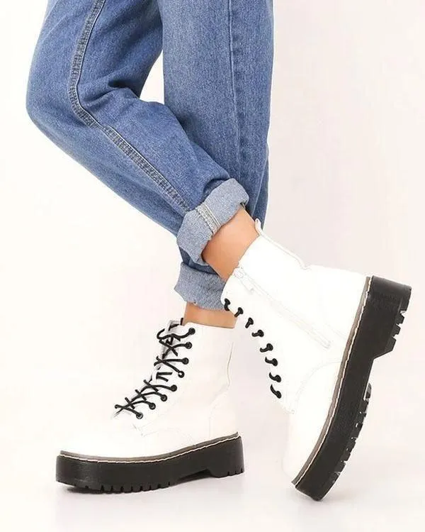 White Platform Military Lace Up Boots