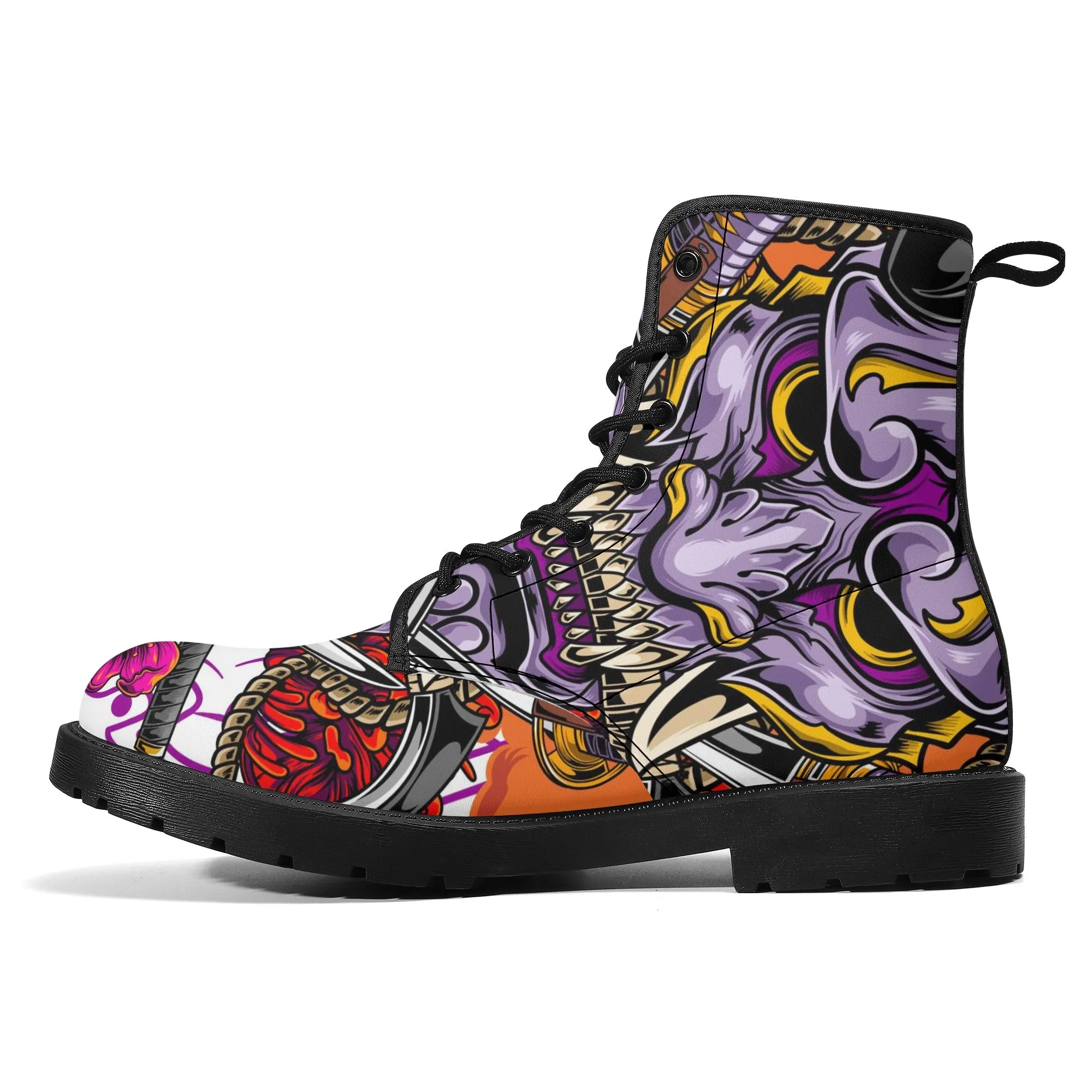 Women's Hannya Mask Graphic Leather Combat Boots