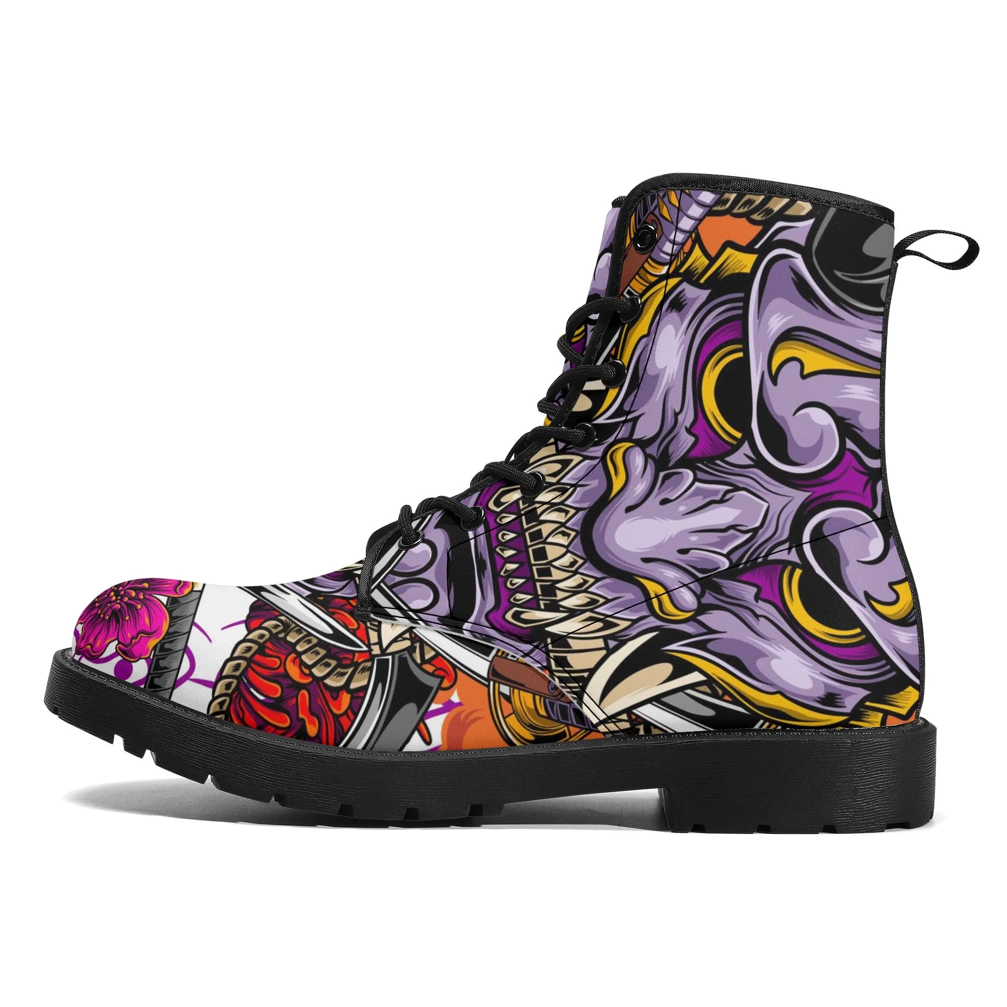 Women's Hannya Mask Graphic Leather Combat Boots