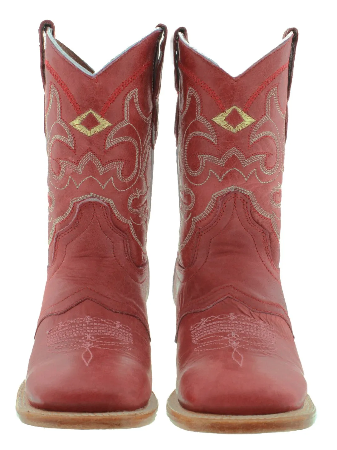 Womens MC560 Red Stitched Leather Cowboy Boots Square Toe