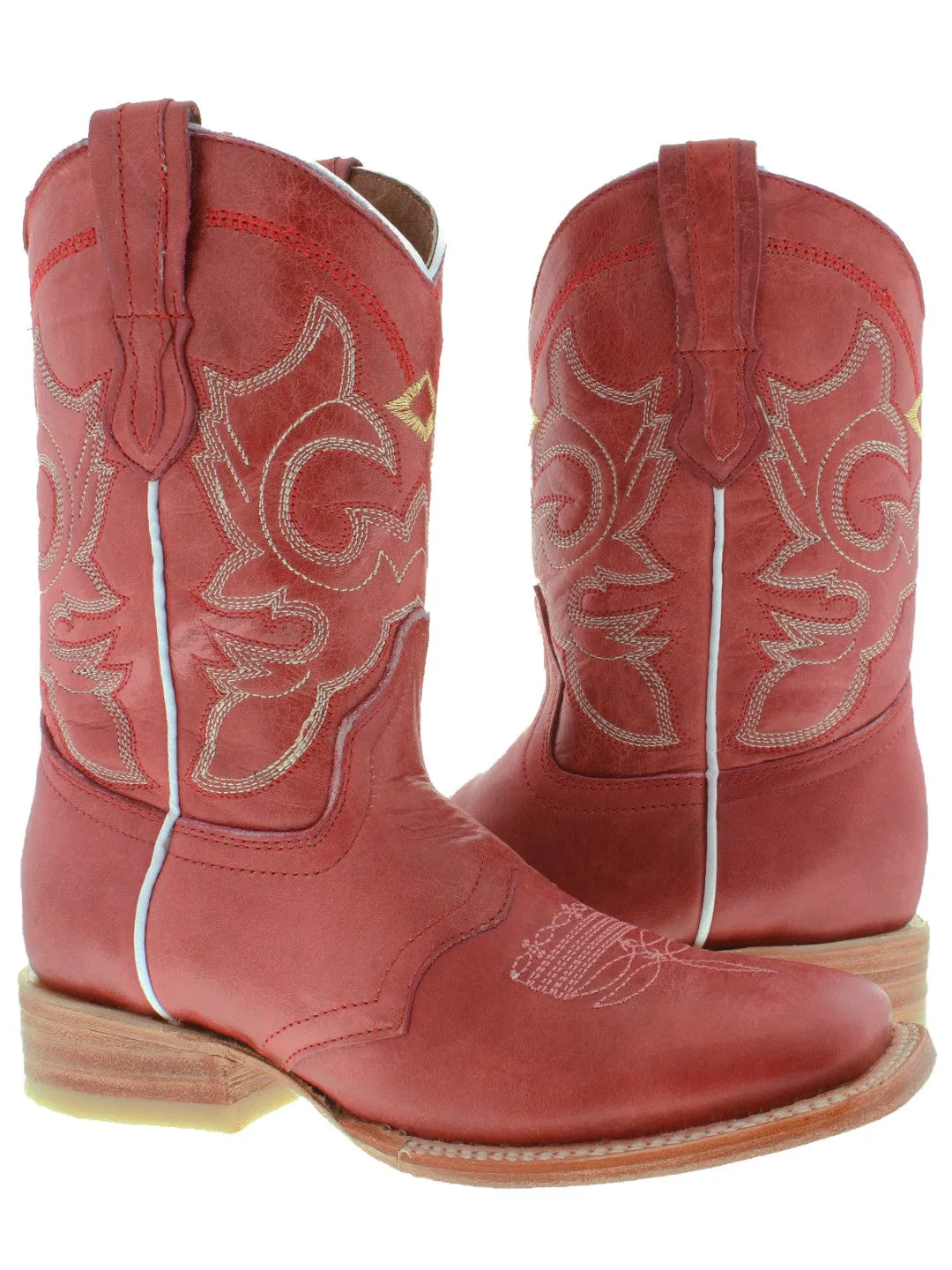 Womens MC560 Red Stitched Leather Cowboy Boots Square Toe