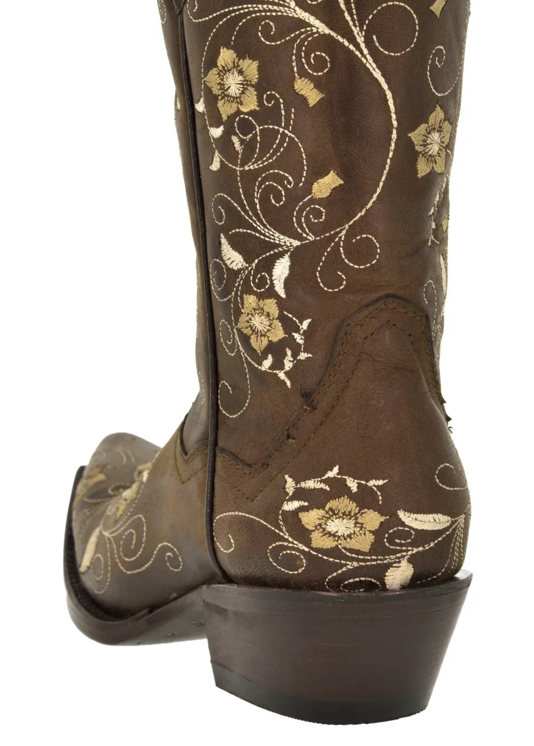 Womens Sofia Brown Leather Cowboy Boots Floral - Snip Toe