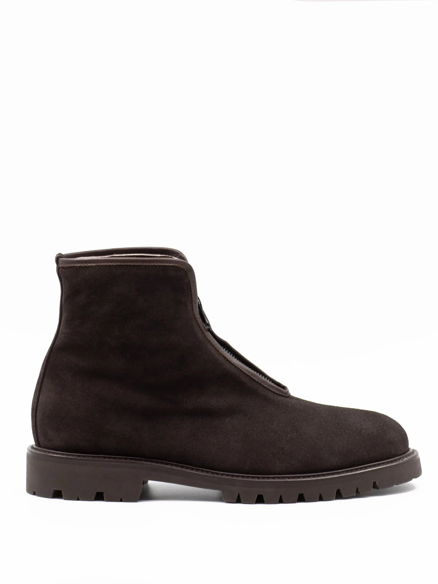 Zip-front shearling-lined ankle boots in brown suede